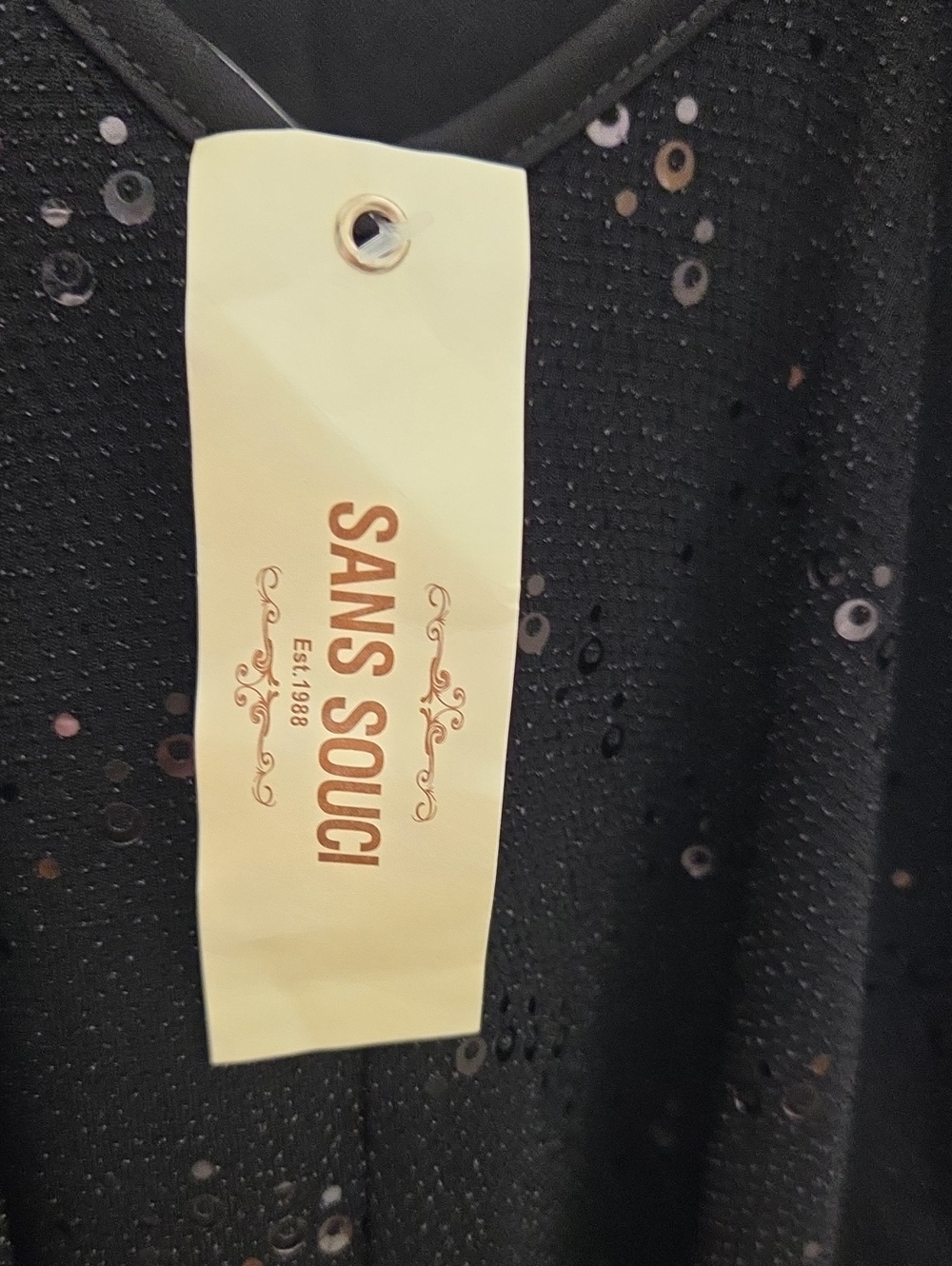 **Sans Souci Black Sequin Midi Slip Dress Pit 18 Lenght 36 Lined No Pockets - Picture 3 of 4